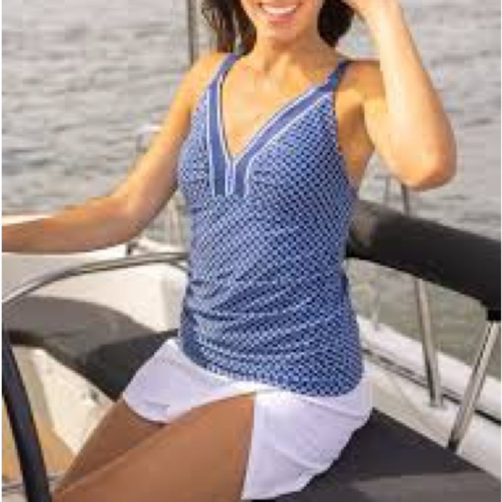NWT. Cabana Life. Navy tankini top with white rope pattern and details. UPF50+
